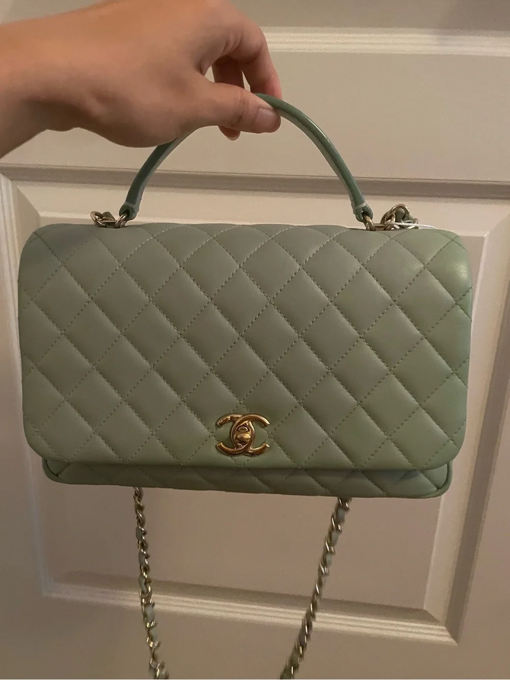 CHANEL Mint Green Quilted Top Handle bag with Gold Hardware